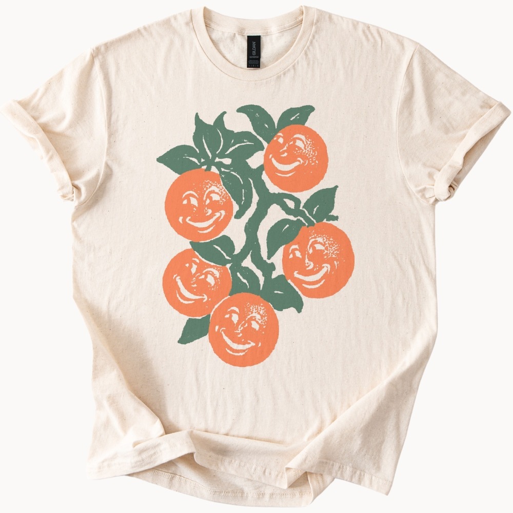 Smiling Oranges Graphic Tee Retro Fruit Character Art